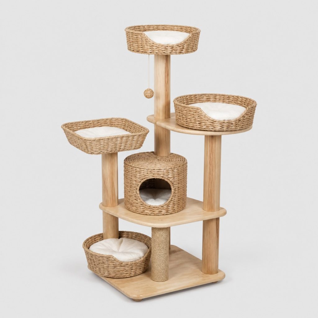 Arbre à chat en bois massif avec panier tressé