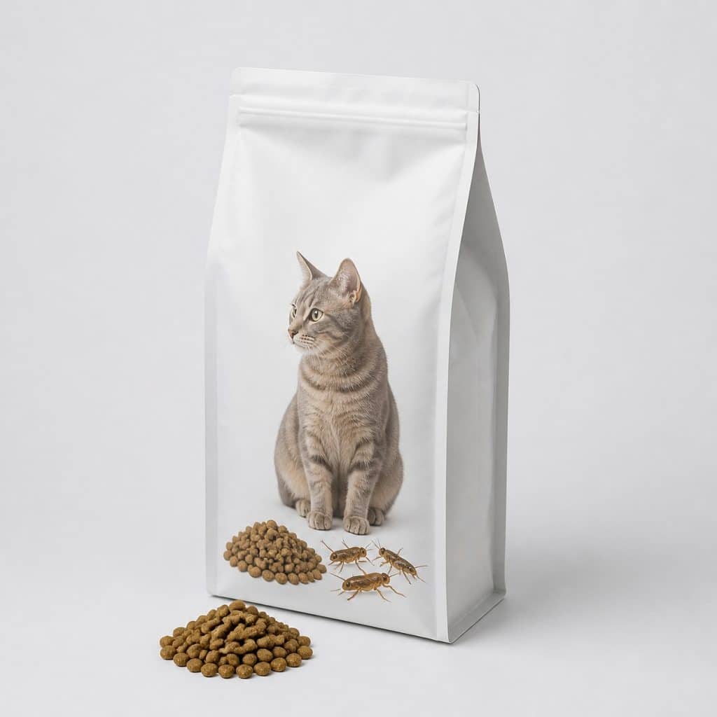 Sac de croquettes chat aux protéines d'insectes sur fond studio