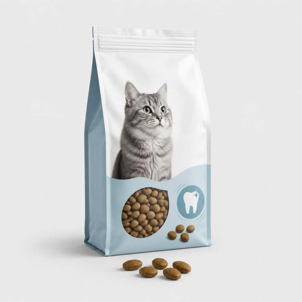 Sac de croquettes chat hygiène dentaire sur fond studio