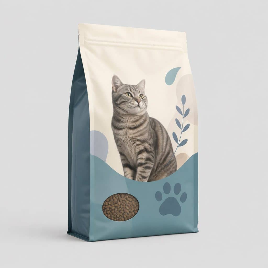 Sac de croquettes pour chat senior à forte appétence sur fond neutre