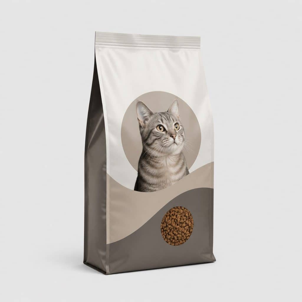 Sac de croquettes pour chat senior stérilisé sur fond neutre