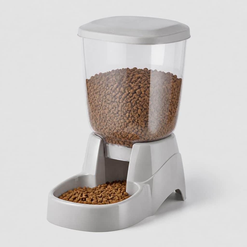 Distributeur gravitaire de croquettes pour chat sur fond neutre