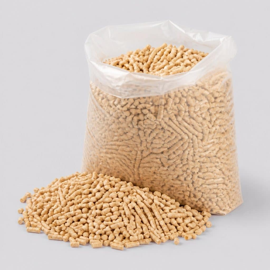 Sac de litière végétale en bois compressé ouvert avec granulés versés