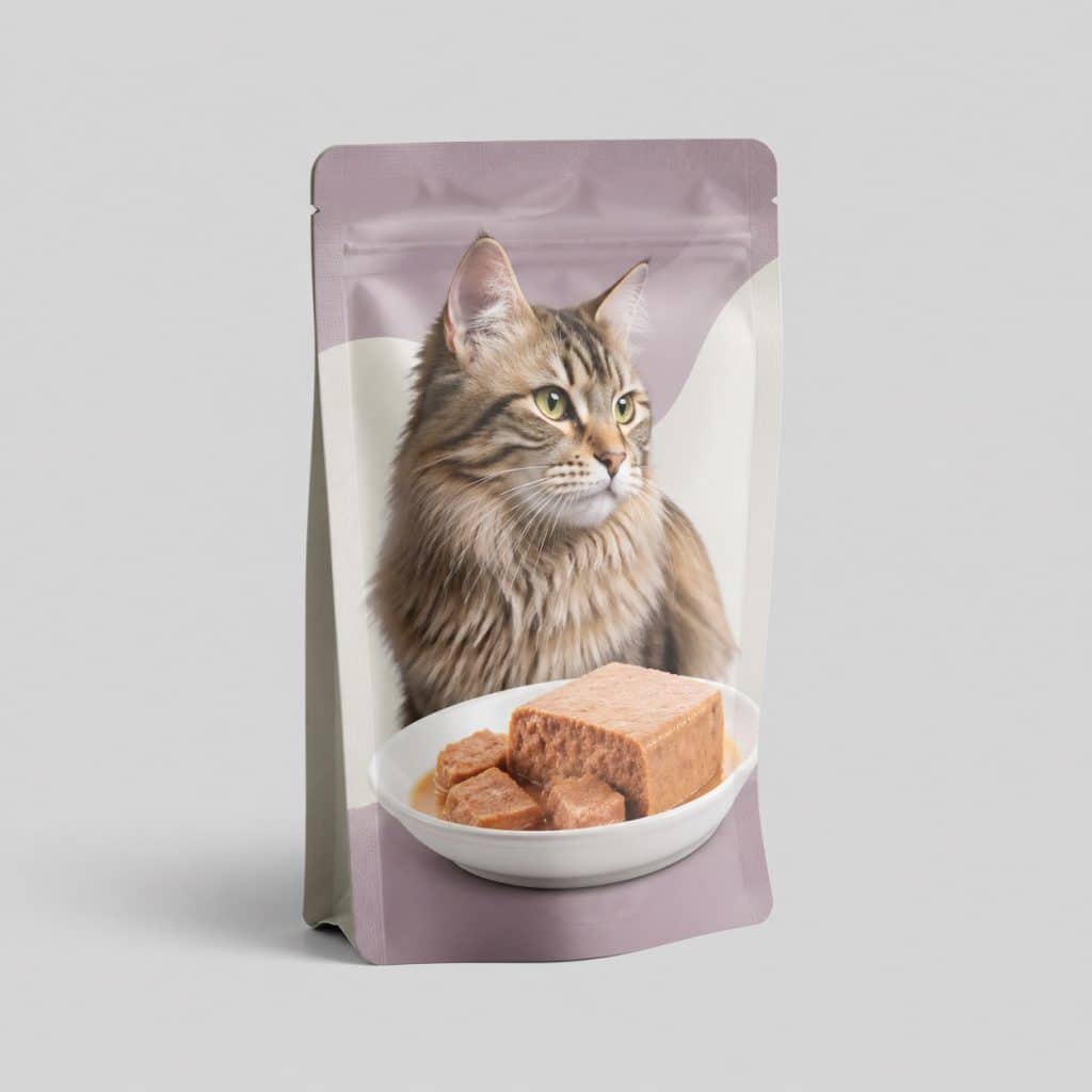Sachet de pâtée sans céréales sur fond neutre