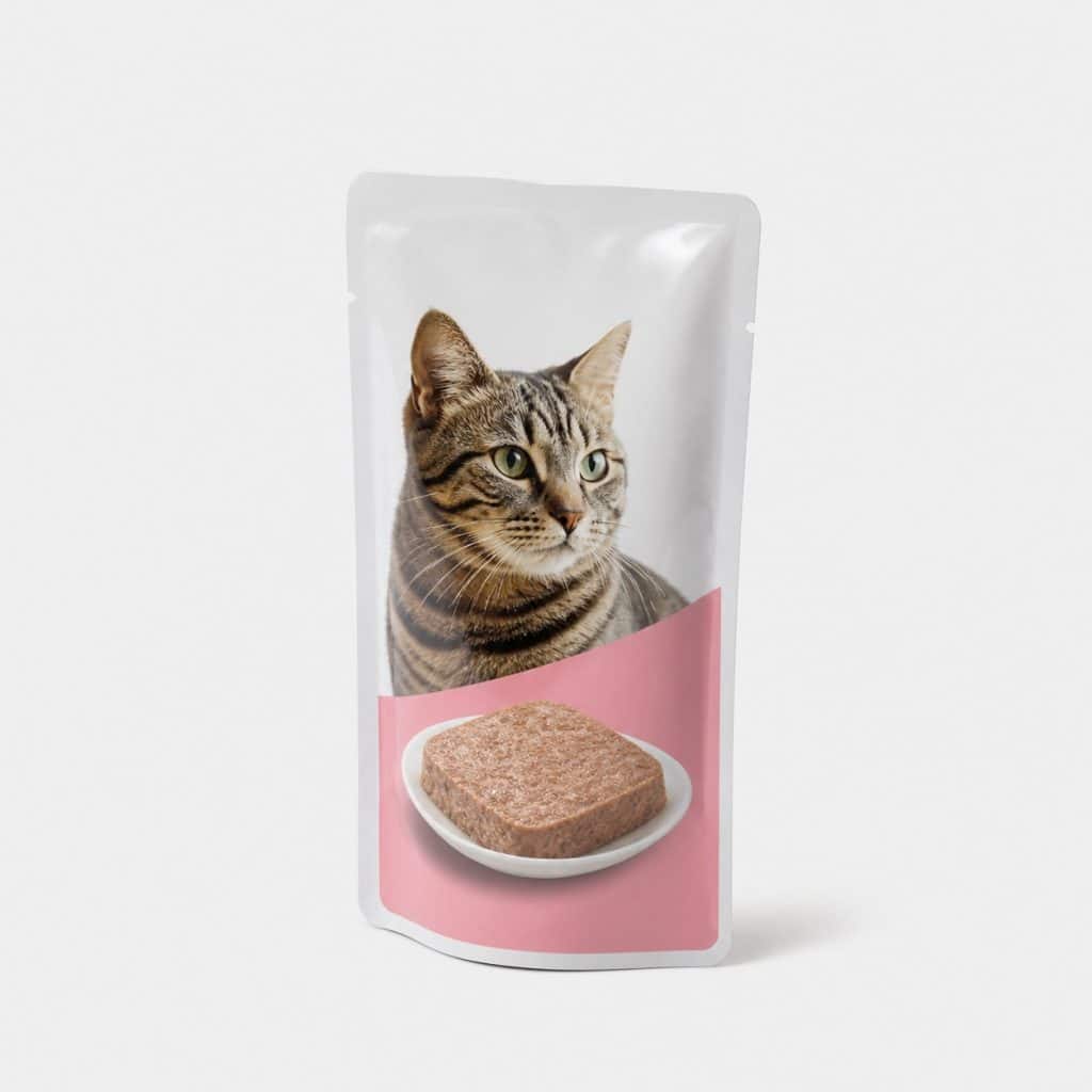 Sachet de pâtée en terrine sur fond neutre